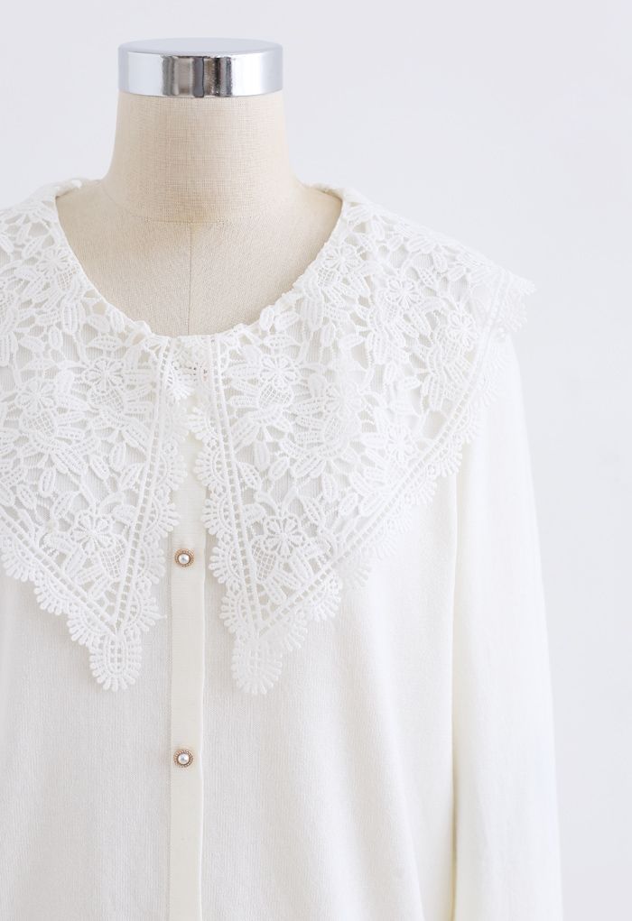 Crochet Collar Button Trim Knit Top in White
