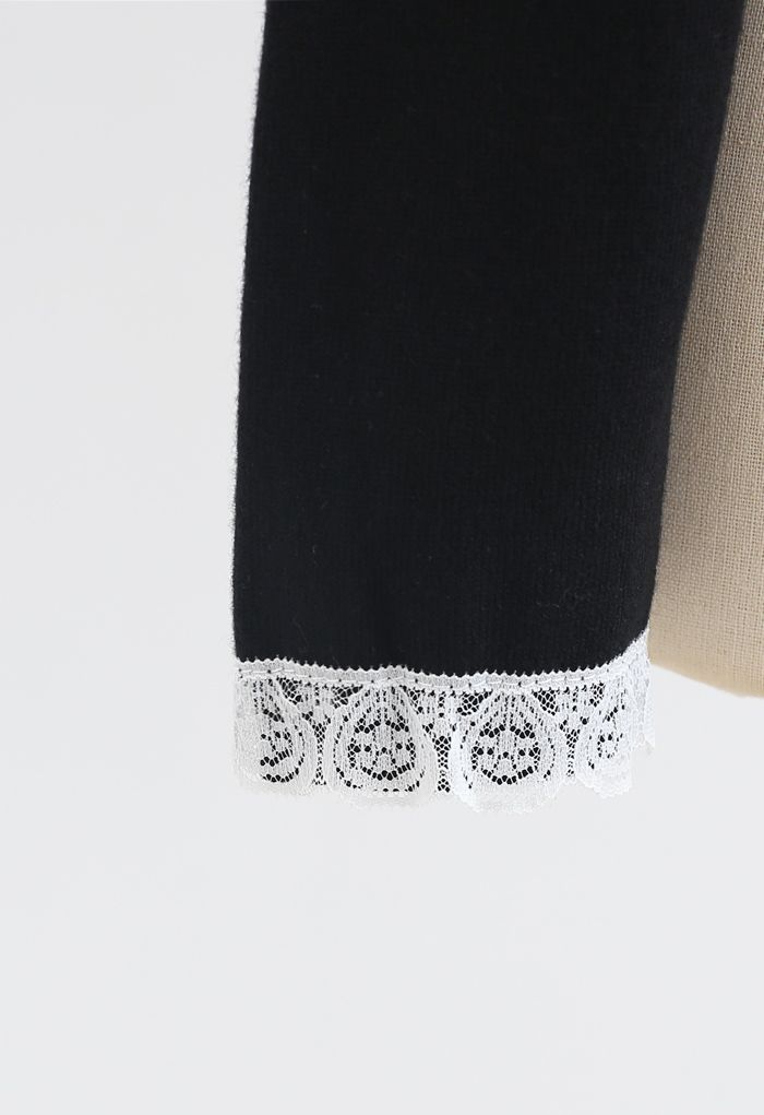 Crochet Collar Button Trim Knit Top in Black