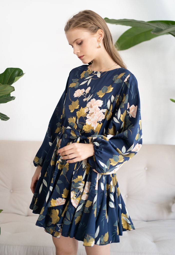 Navy Floral Printed Bubble Sleeves Frilling Dress - Retro, Indie and ...