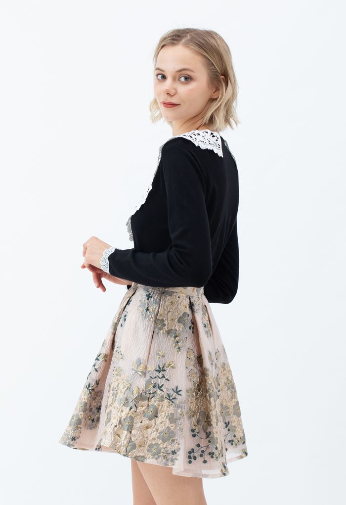Golden Camellia Jacquard Embossed Pleated Mini Skirt
