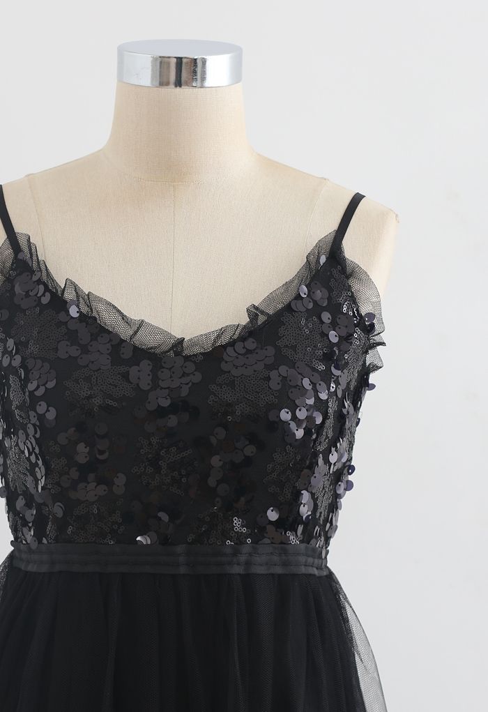 Sequined Shirred Mesh Cami Dress in Black
