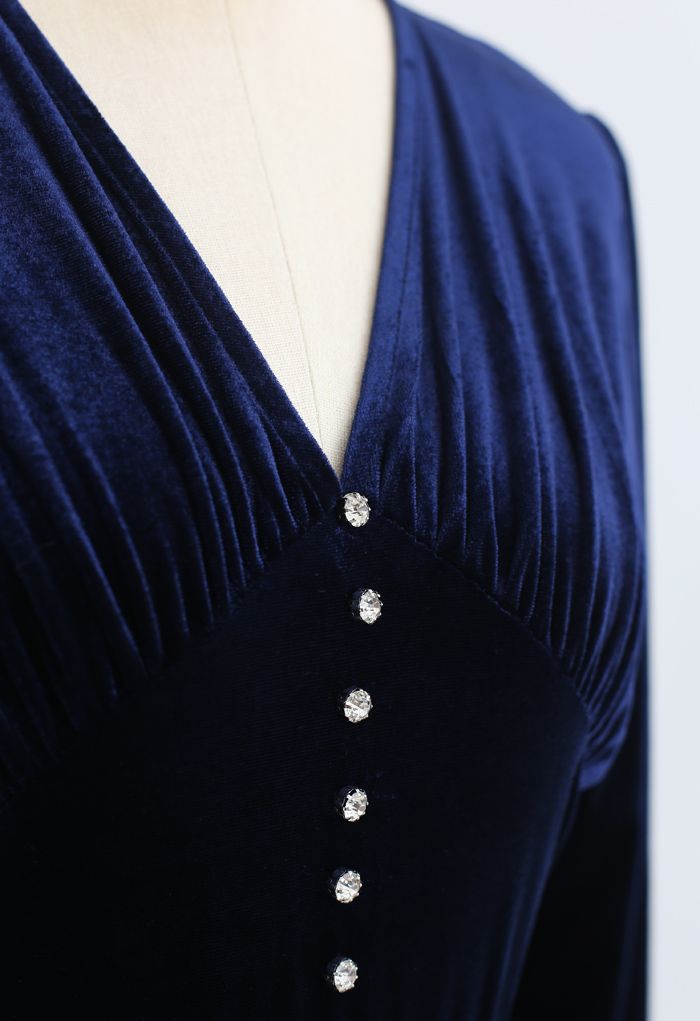 Button Trim V-Neck Ruched Velvet Dress in Navy