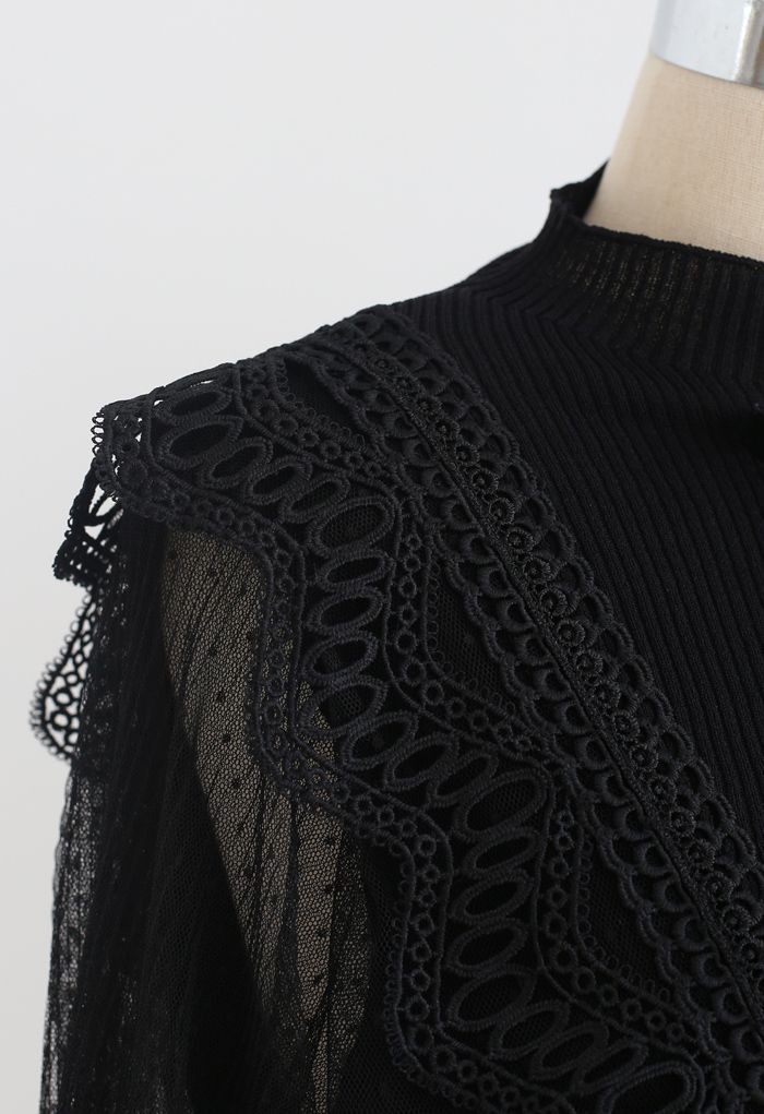 Bowknot Crochet Mesh Sleeves Knit top in Black - Retro, Indie and ...