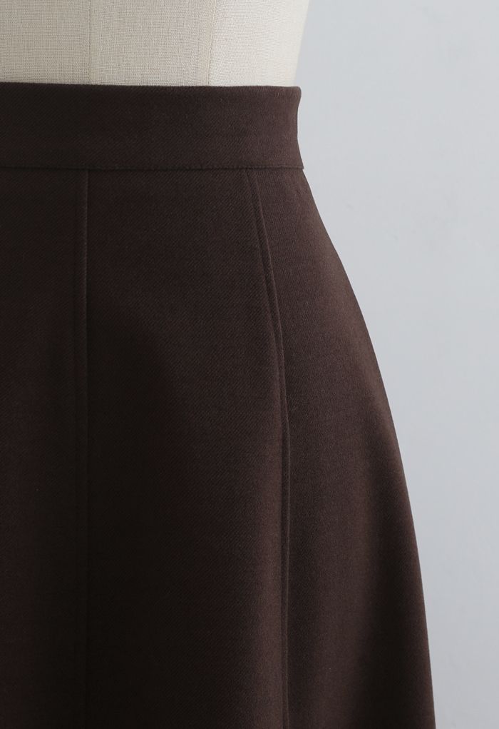 Solid Color Wool-Blend Midi Skirt in Brown