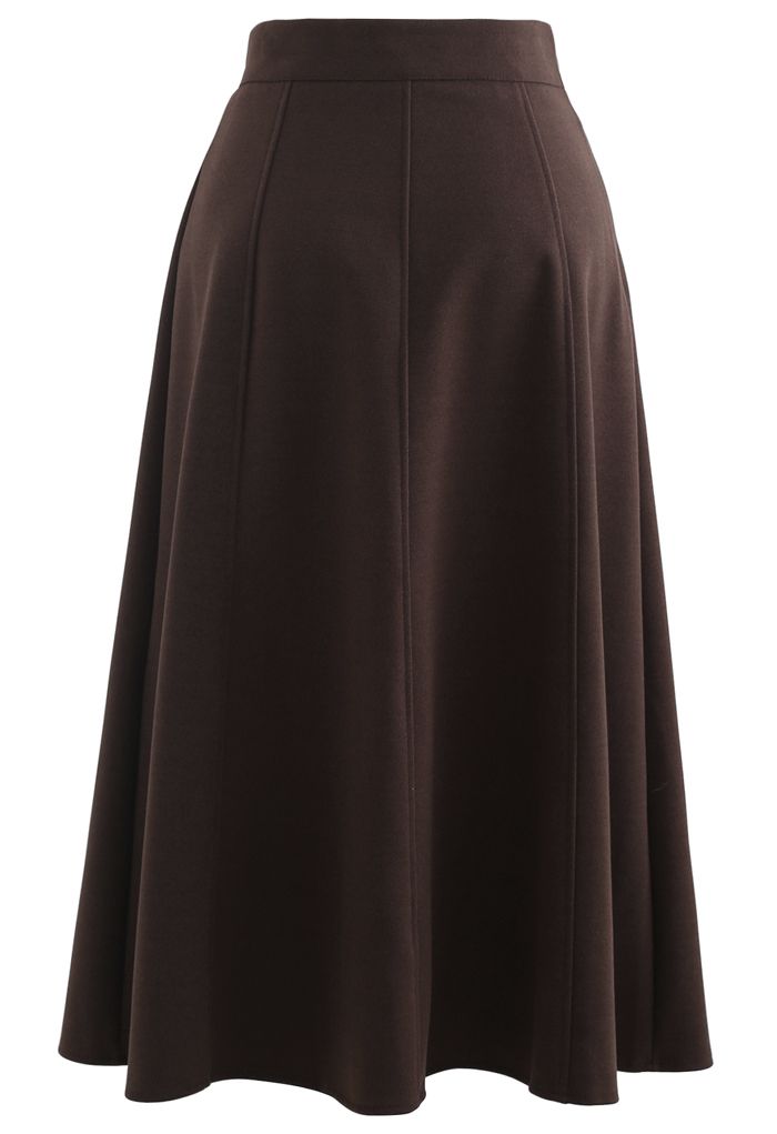 Solid Color Wool-Blend Midi Skirt in Brown