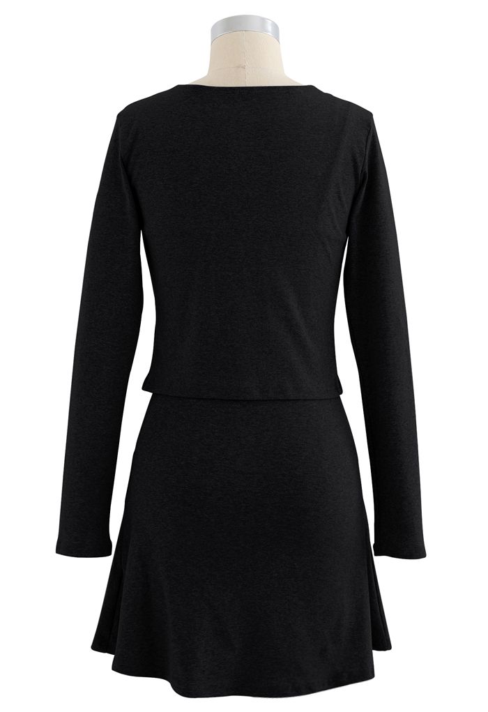 Cotton Blend V-Neck Button Twinset Dress in Black