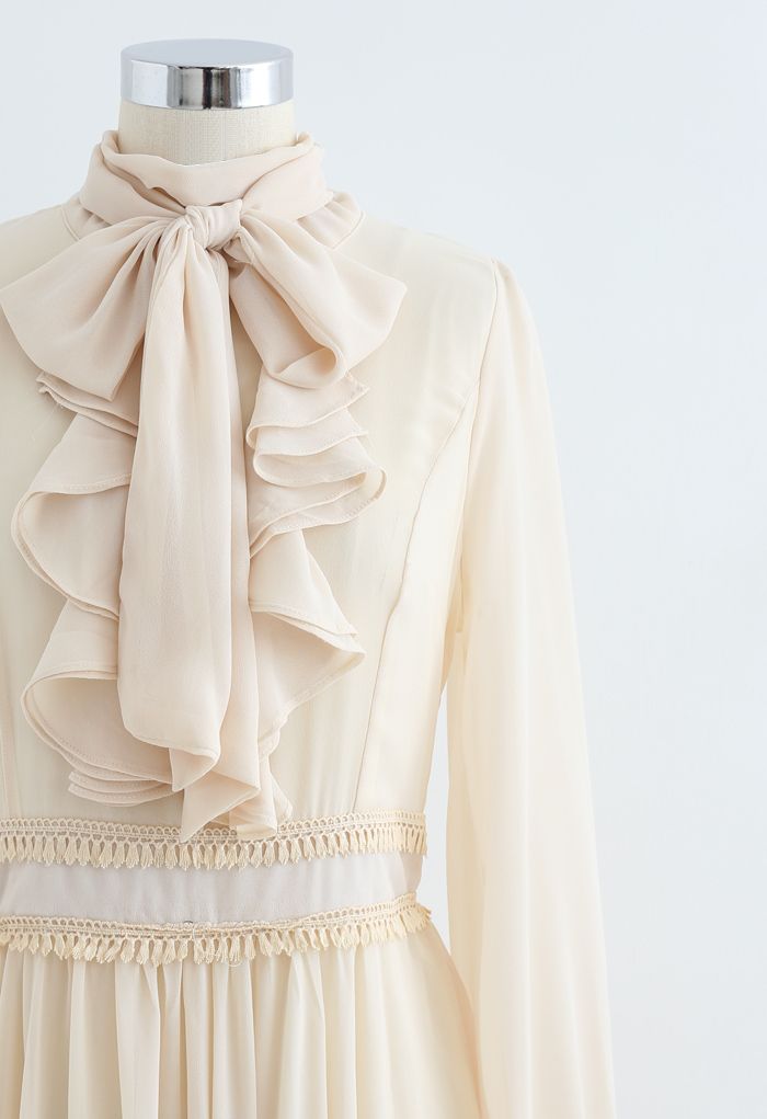 Scarf Neck Ruffle Asymmetric Maxi Dress in Cream