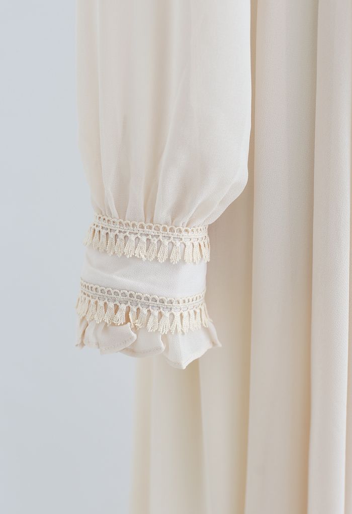Scarf Neck Ruffle Asymmetric Maxi Dress in Cream