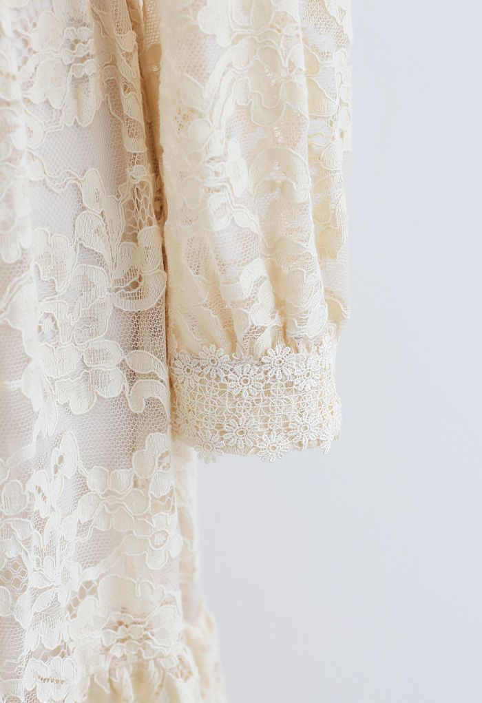 Belted Full Lace Frilling Dress in Cream