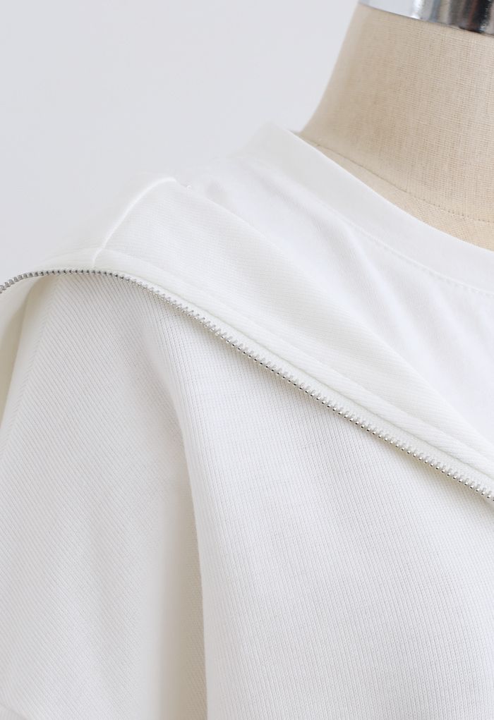 Zipper Front Spliced Sweatshirt in White