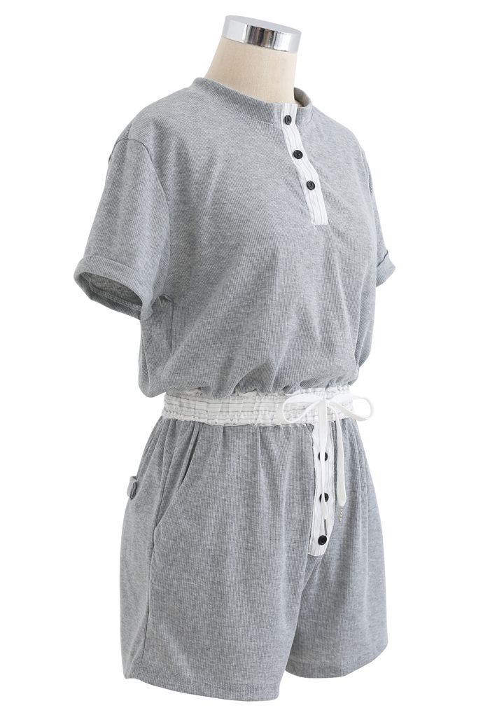 Button Drawstring Crop Top and Shorts Set in Grey