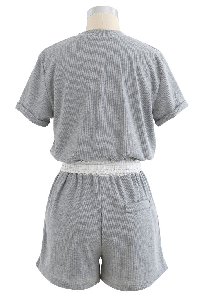 Button Drawstring Crop Top and Shorts Set in Grey