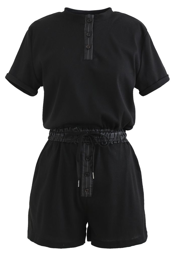 Button Drawstring Crop Top and Shorts Set in Black