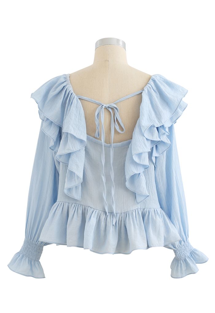 Square Neck Ruffle Crop Top in Blue