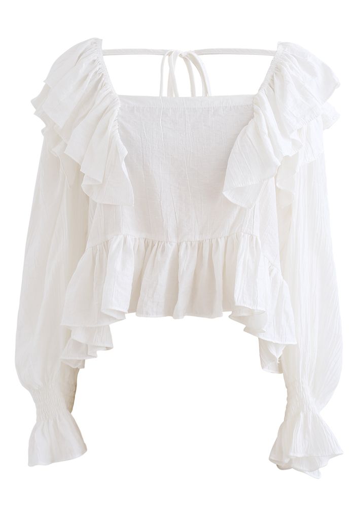 Square Neck Ruffle Crop Top in White