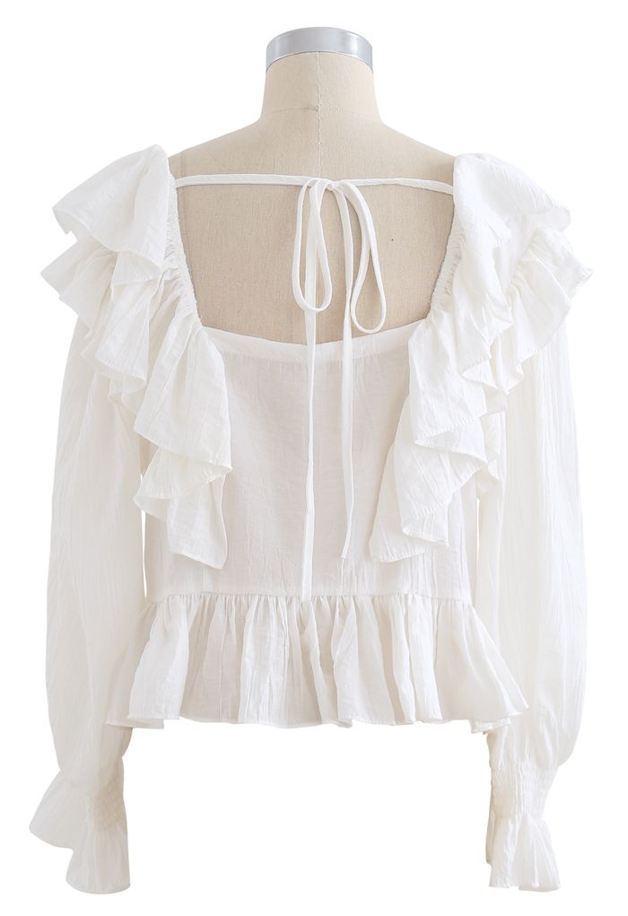 Square Neck Ruffle Crop Top in White