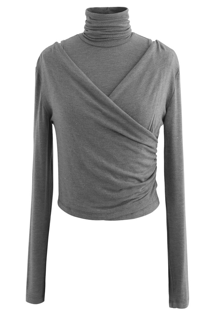 Fake Two-Piece Turtleneck Wrap Top in Grey