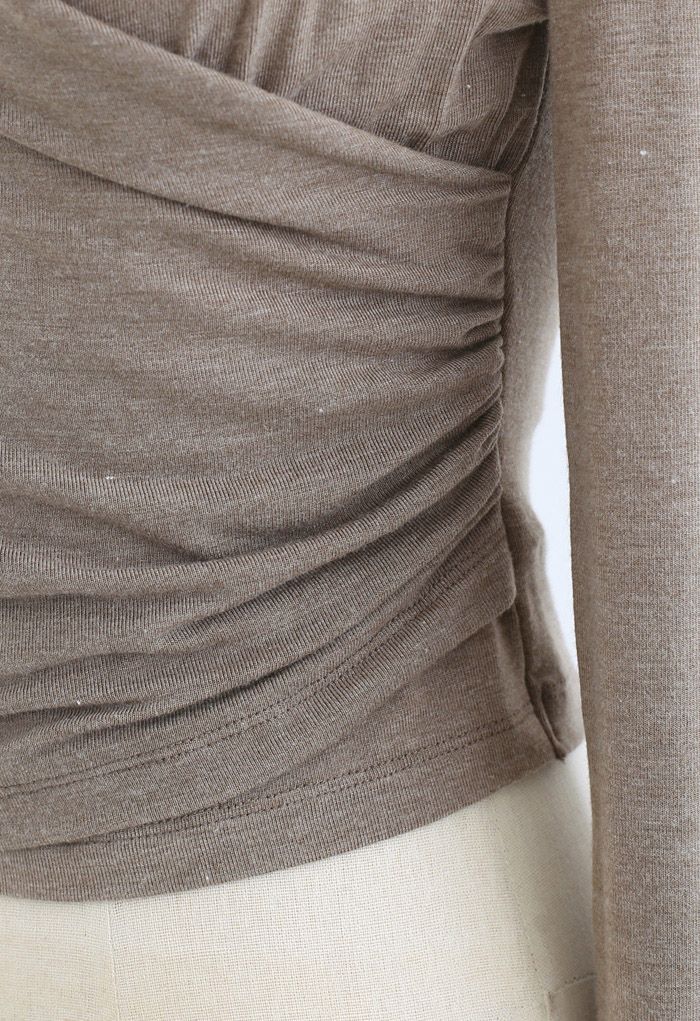 Fake Two-Piece Turtleneck Wrap Top in Taupe