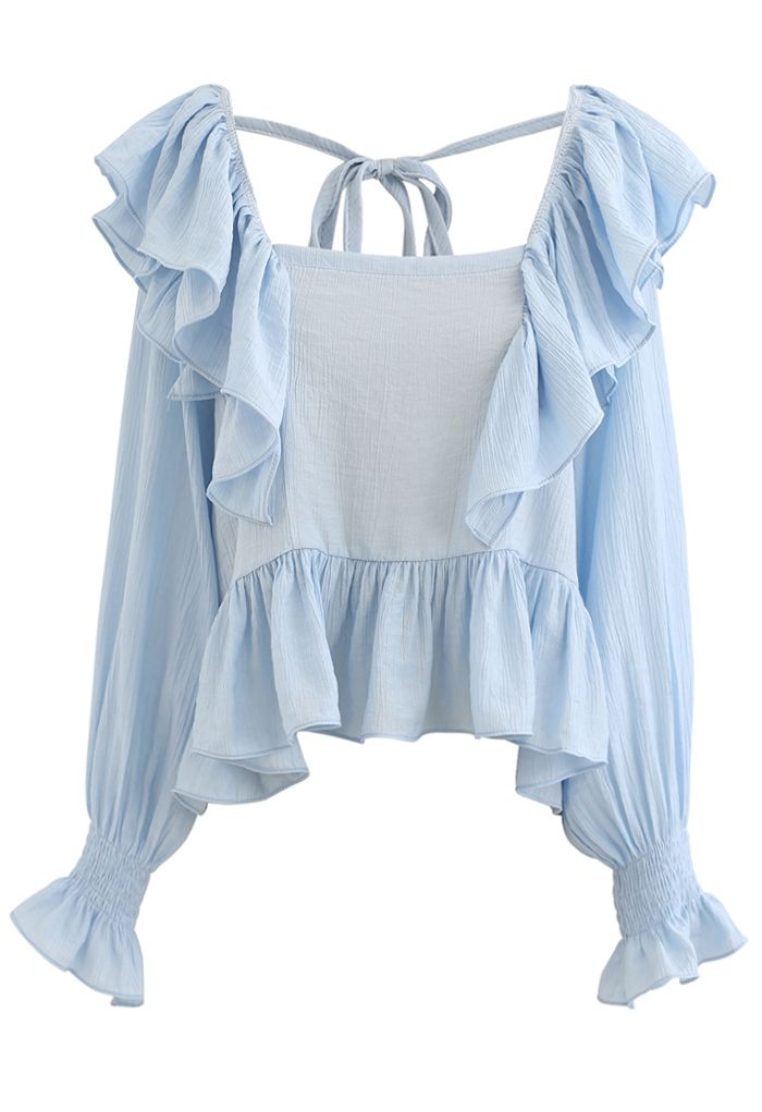Square Neck Ruffle Crop Top in Blue