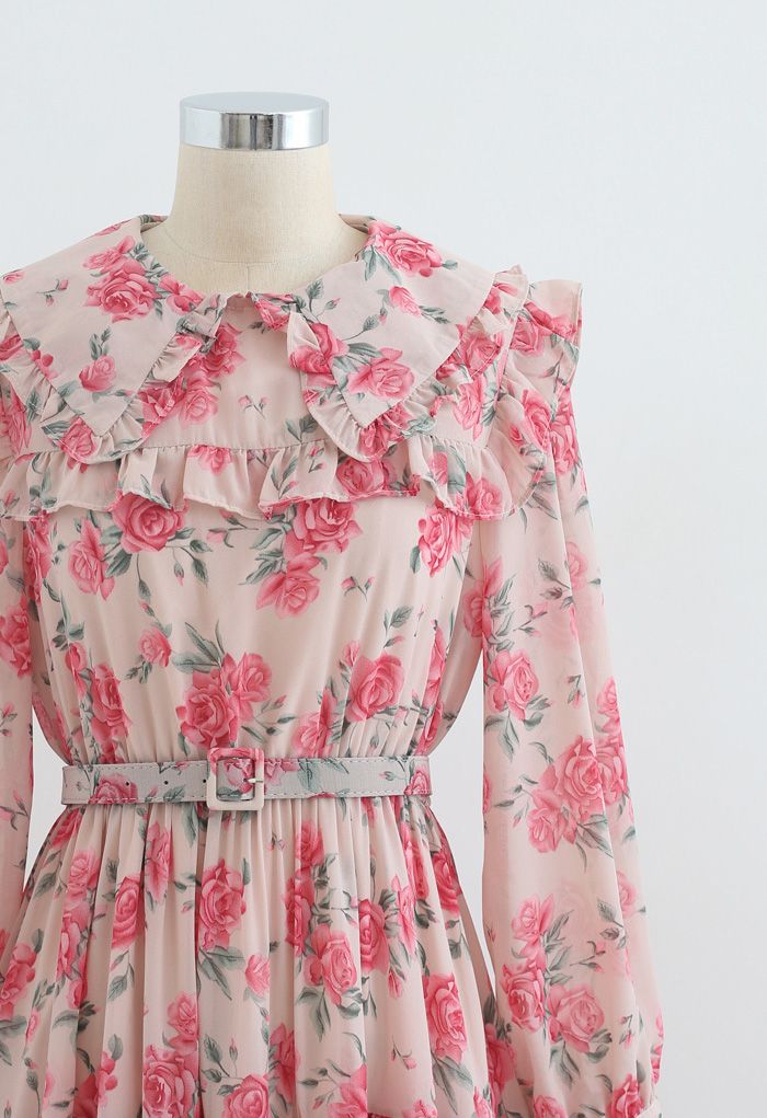 Belted Rose Print Chiffon Dress in Pink
