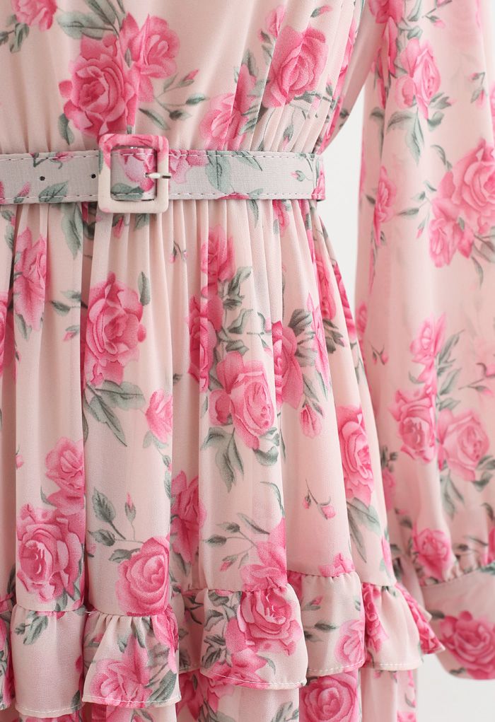 Belted Rose Print Chiffon Dress in Pink