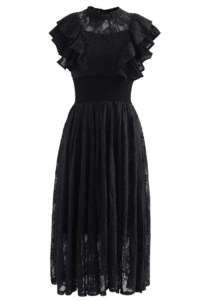 Tiered Ruffle Sleeveless Midi Lace Dress in Black - Retro, Indie and ...