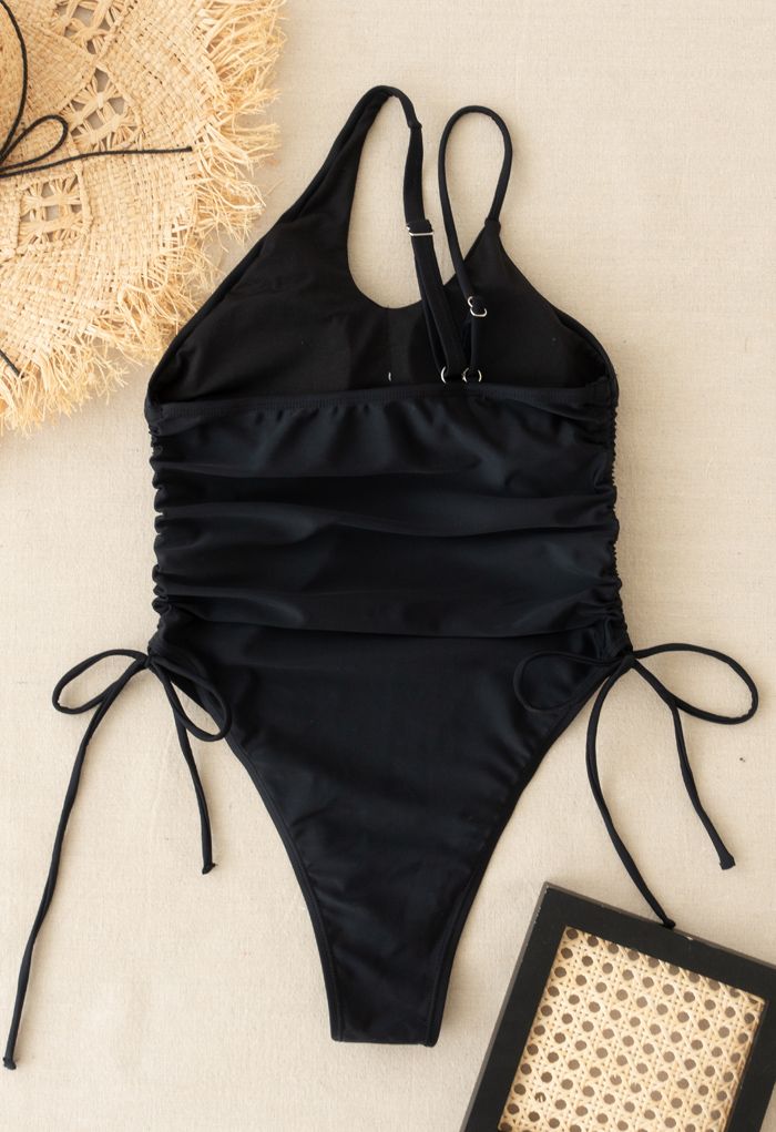 Drawstring Side One-Piece Swimsuit in Black