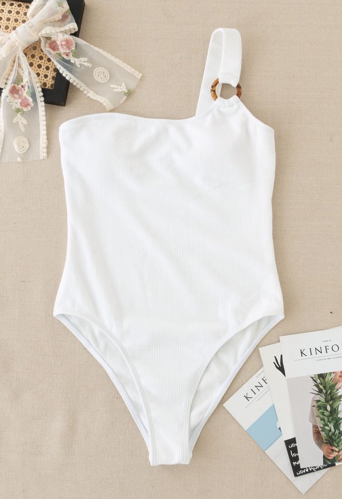 O-Ring One-Shoulder Swimsuit in White