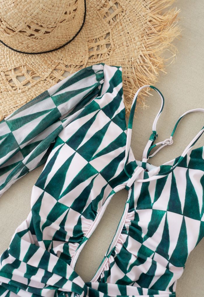 Mesh Sleeve Cut-Out Halter Swimsuit in Green Triangle