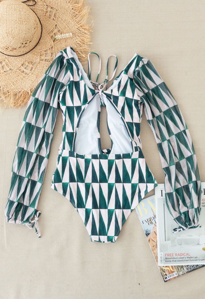 Mesh Sleeve Cut-Out Halter Swimsuit in Green Triangle