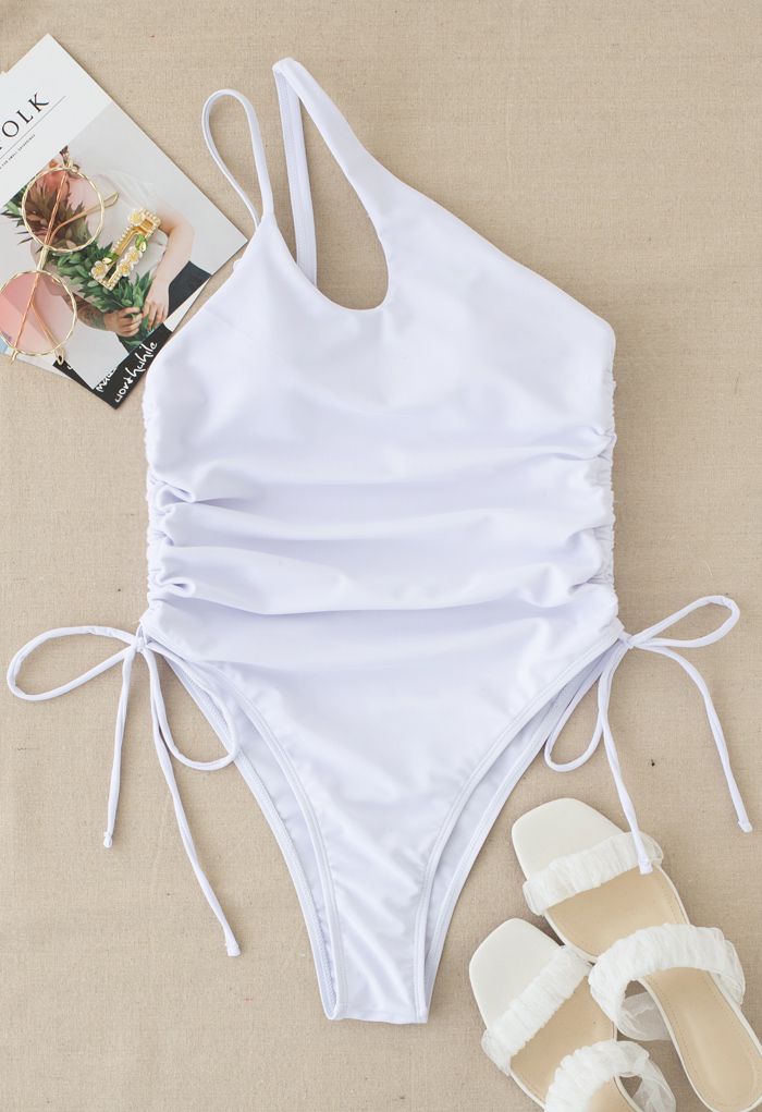 Drawstring Side One-Piece Swimsuit in White