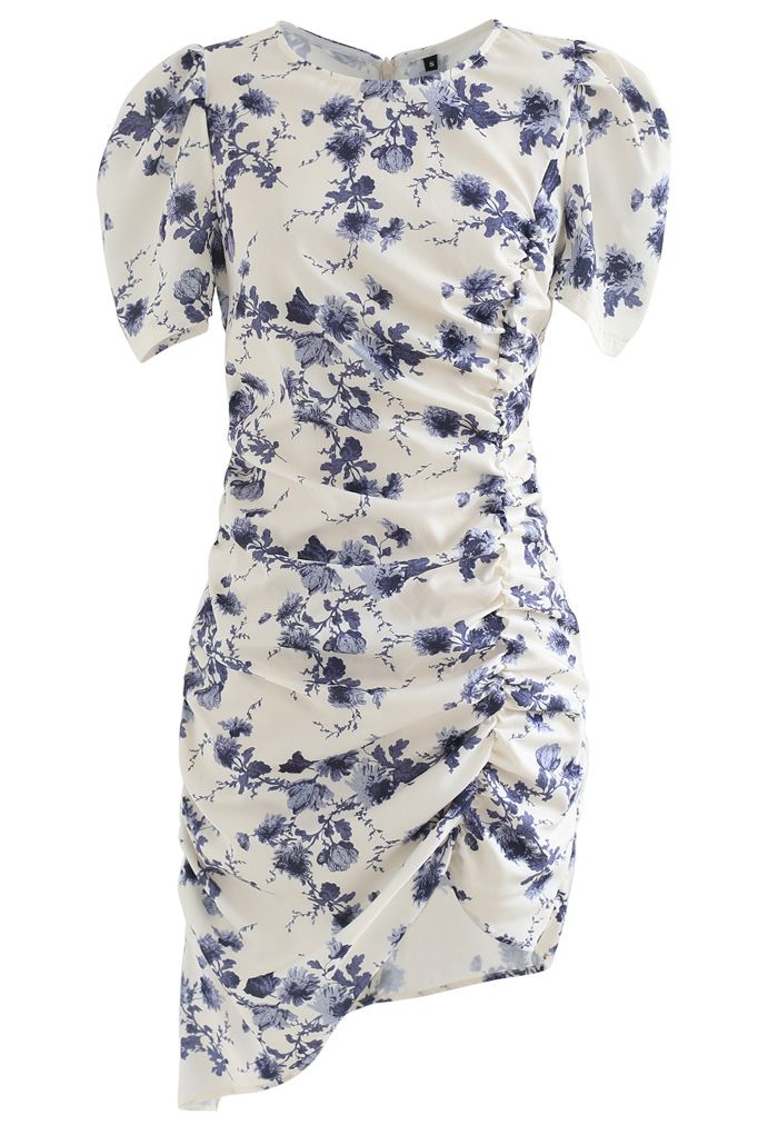Puff Shoulder Ruched Bodycon Dress in Floral