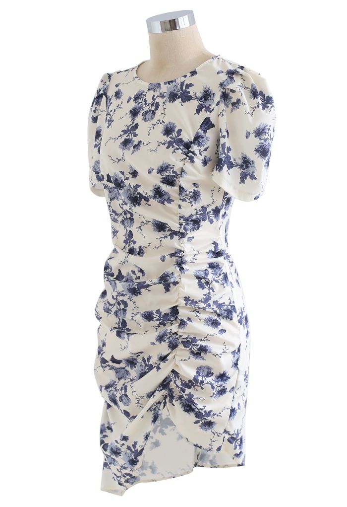 Puff Shoulder Ruched Bodycon Dress in Floral