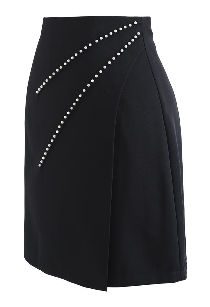Pearls Embellished Flap Mini Skirt in Black
