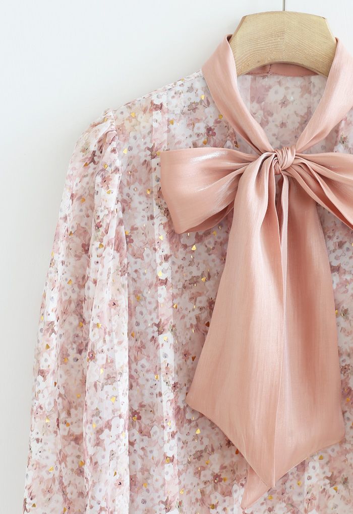 Bow Neck Floret Puff Sleeve Organza Shirt in Nude Pink