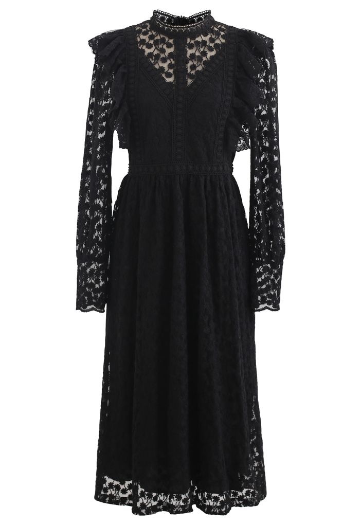 Full of Daisy Embroidered Ruffle Mesh Midi Dress in Black