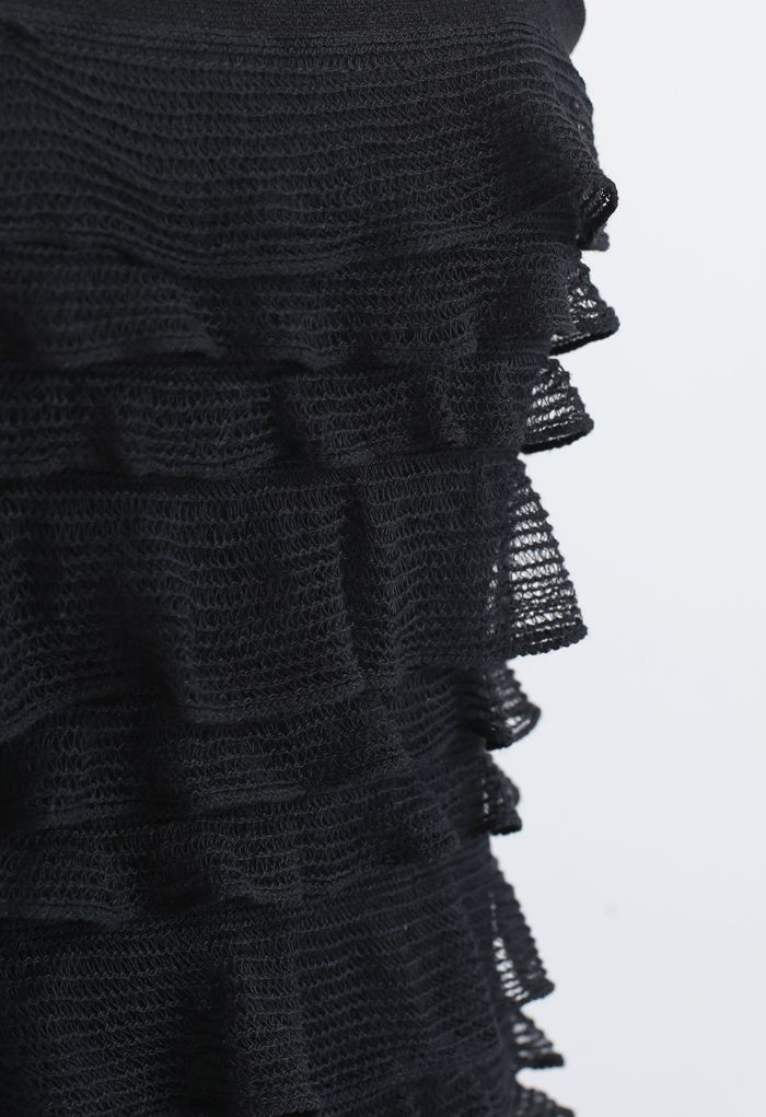 Tiered Ripple Knit Cami Midi Dress in Black