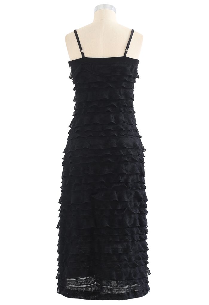 Tiered Ripple Knit Cami Midi Dress in Black