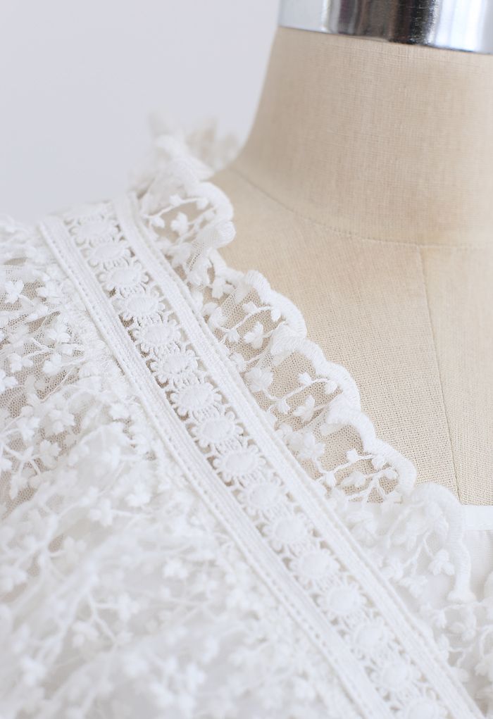 Full of Floret Embroidered Ruffle Mesh Dress in White