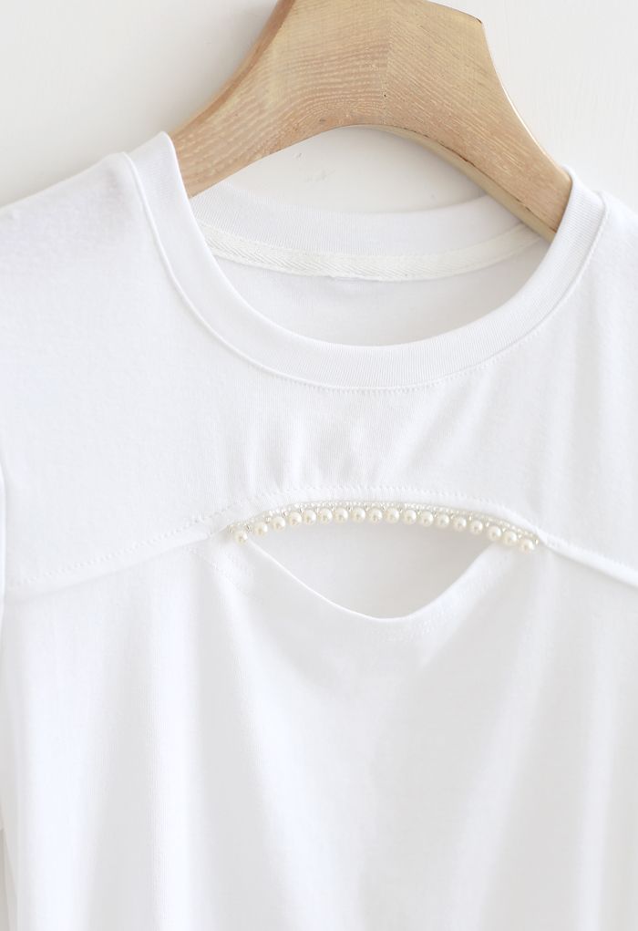 Front Cutout Pearls Fitted T-Shirt in White