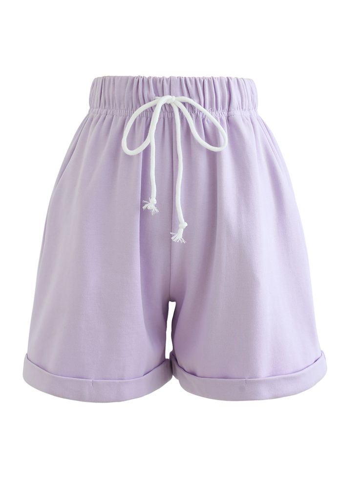 Folded Hem Drawstring Pockets Shorts in Lavender