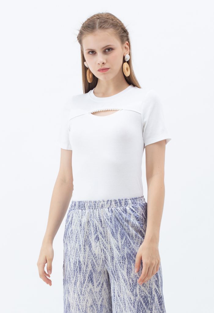 Front Cutout Pearls Fitted T-Shirt in White