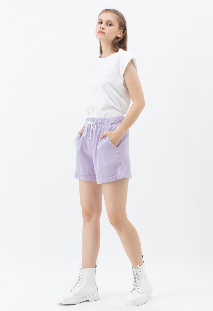 Folded Hem Drawstring Pockets Shorts in Lavender