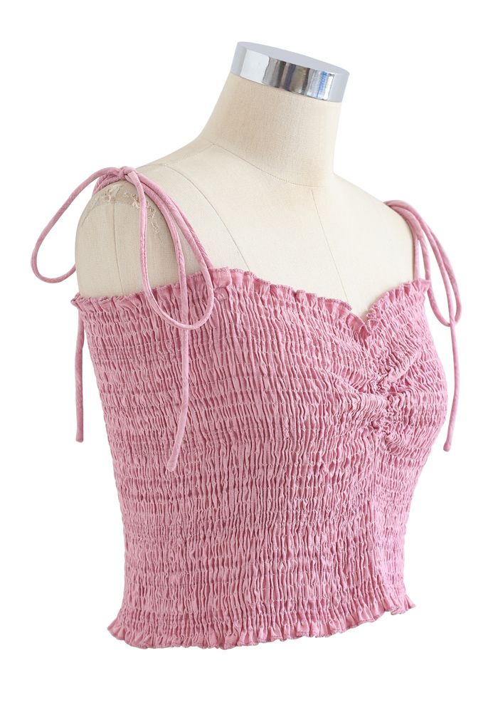 Ruched Front Shirring Crop Cami Top in Pink
