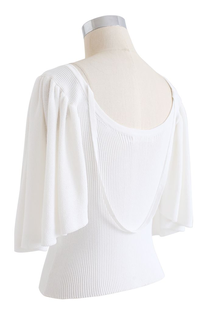 Drape Short Sleeves V-Neck Knit Top in White