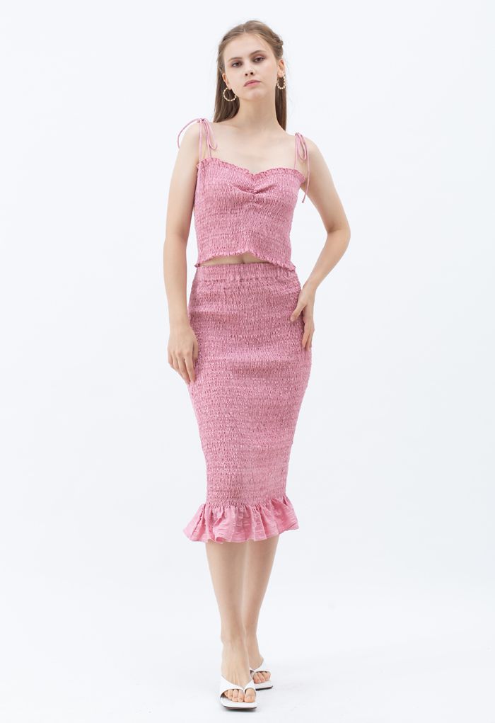 Frill Hem Full Shirring Pencil Skirt in Pink