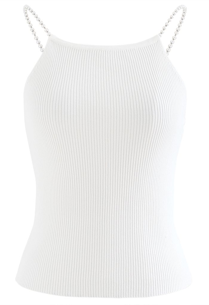 Pearl Straps Knit Cami Tank Top in White