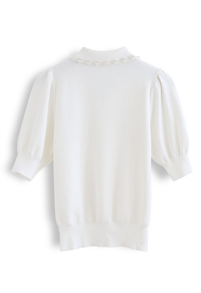 Pearly Collar Puff Sleeves Knit Top in White