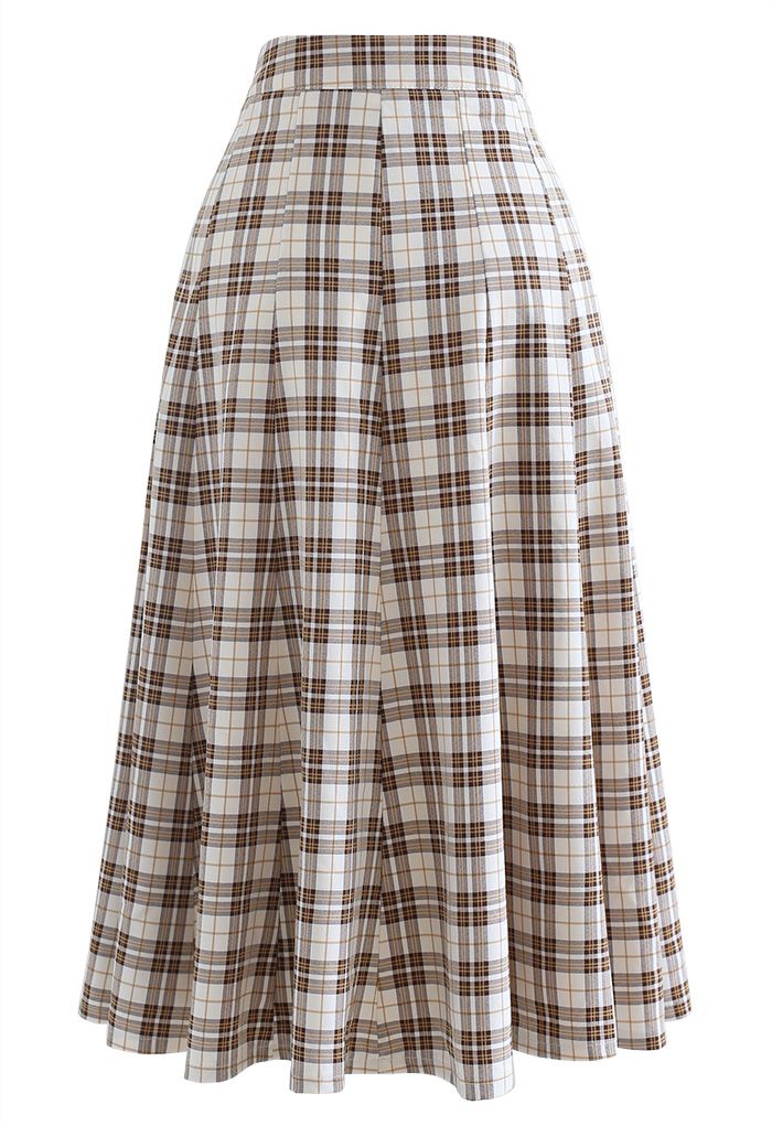 High-Waisted Tartan Flare Skirt in Tan