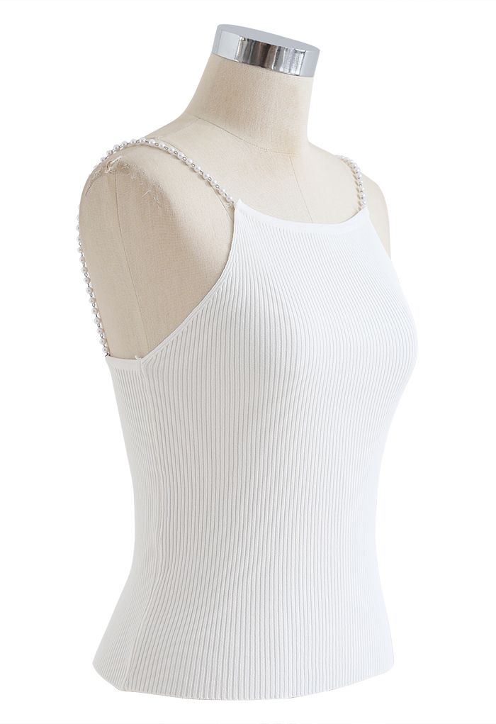 Pearl Straps Knit Cami Tank Top in White